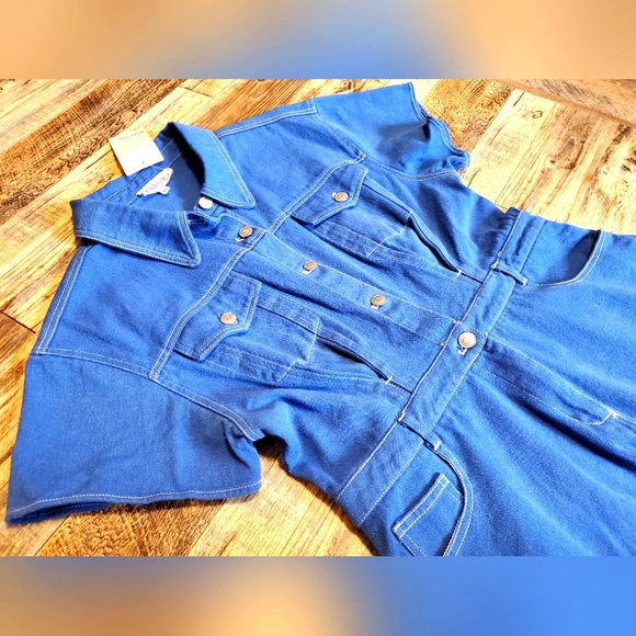 NEW Peach Love California Utility Blue Denim Jean Romper Jumpsuit Shorts Pockets - Picture 5 of 16
